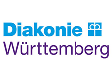 Das Logo von Diakonie Württemberg mit blauer Schrift und einem blauen Kreuzsymbol.