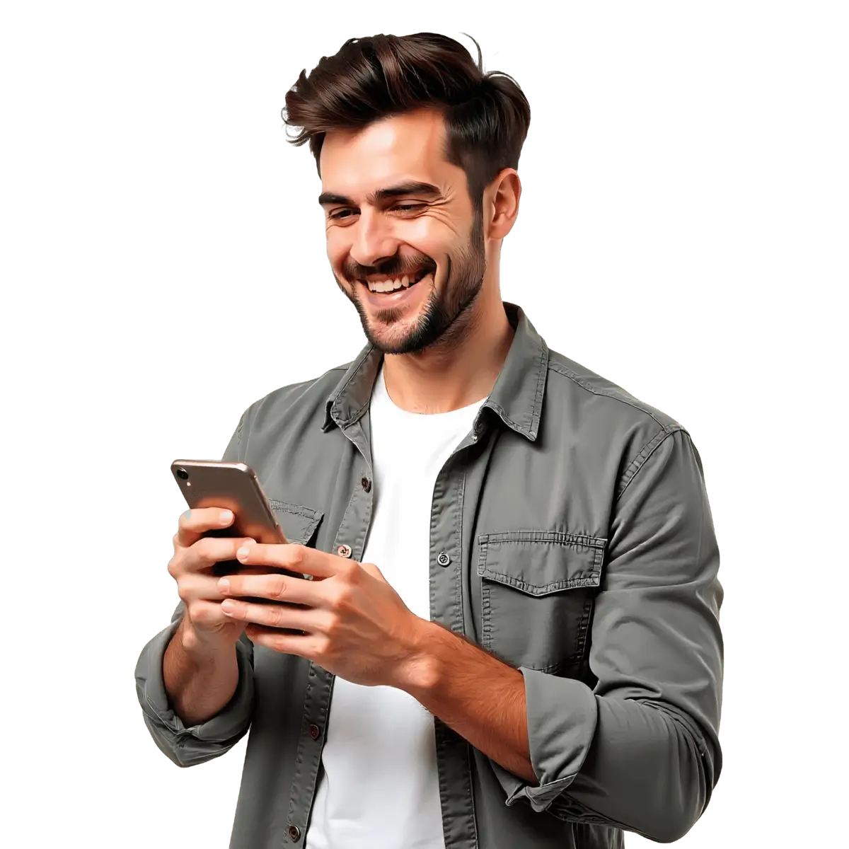 Junger Mann mit dunklem Haar, Bart und grauer Jacke liest lachend eine SMS auf seinem Smartphone.