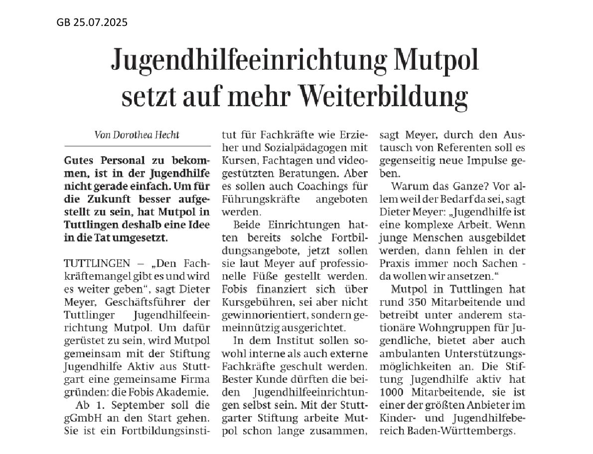 Artikel über die Erweiterung der Jugendhilfeeinrichtung Mutpol in Tuttlingen mit Fokus auf Weiterbildung und professionelle Betreuung.