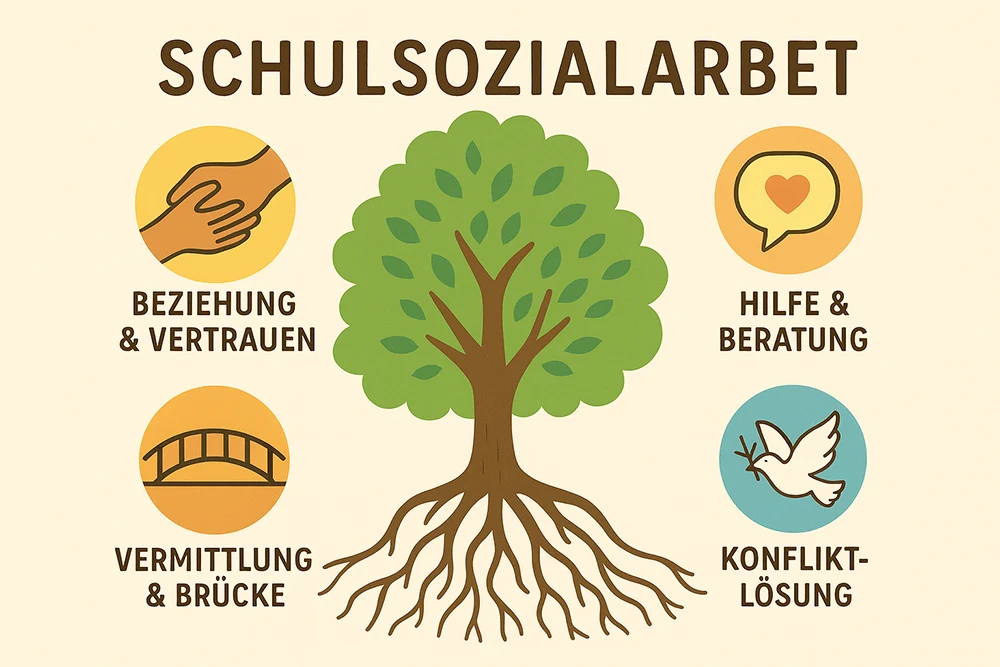 Baum mit Wurzeln, Symbole für Beziehung, Hilfe, Vermittlung, Konfliktlösung.