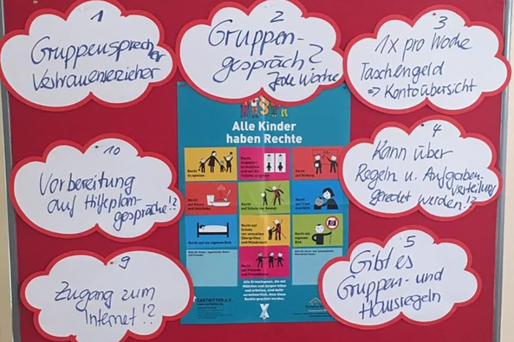 Rotes Infoplakat mit blauem Zentrum 'Alle Kinder haben Rechte' und Wolken.