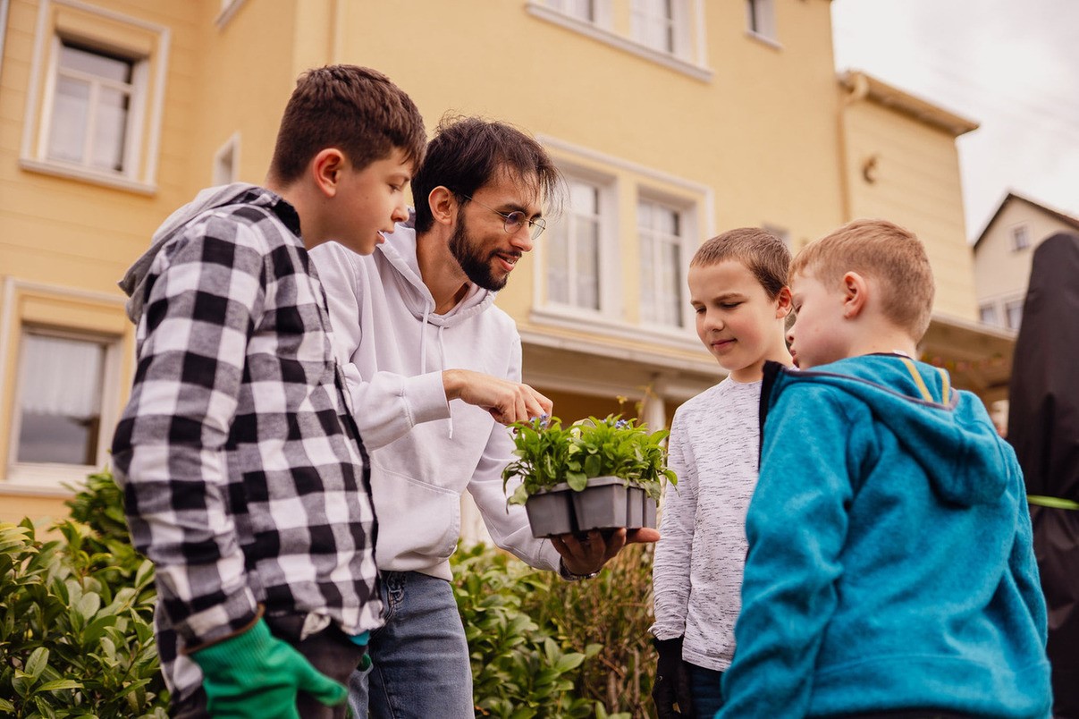 Mann mit drei Jungen zeigt frische Pflänzchen in einer Pflanzbox im Garten.